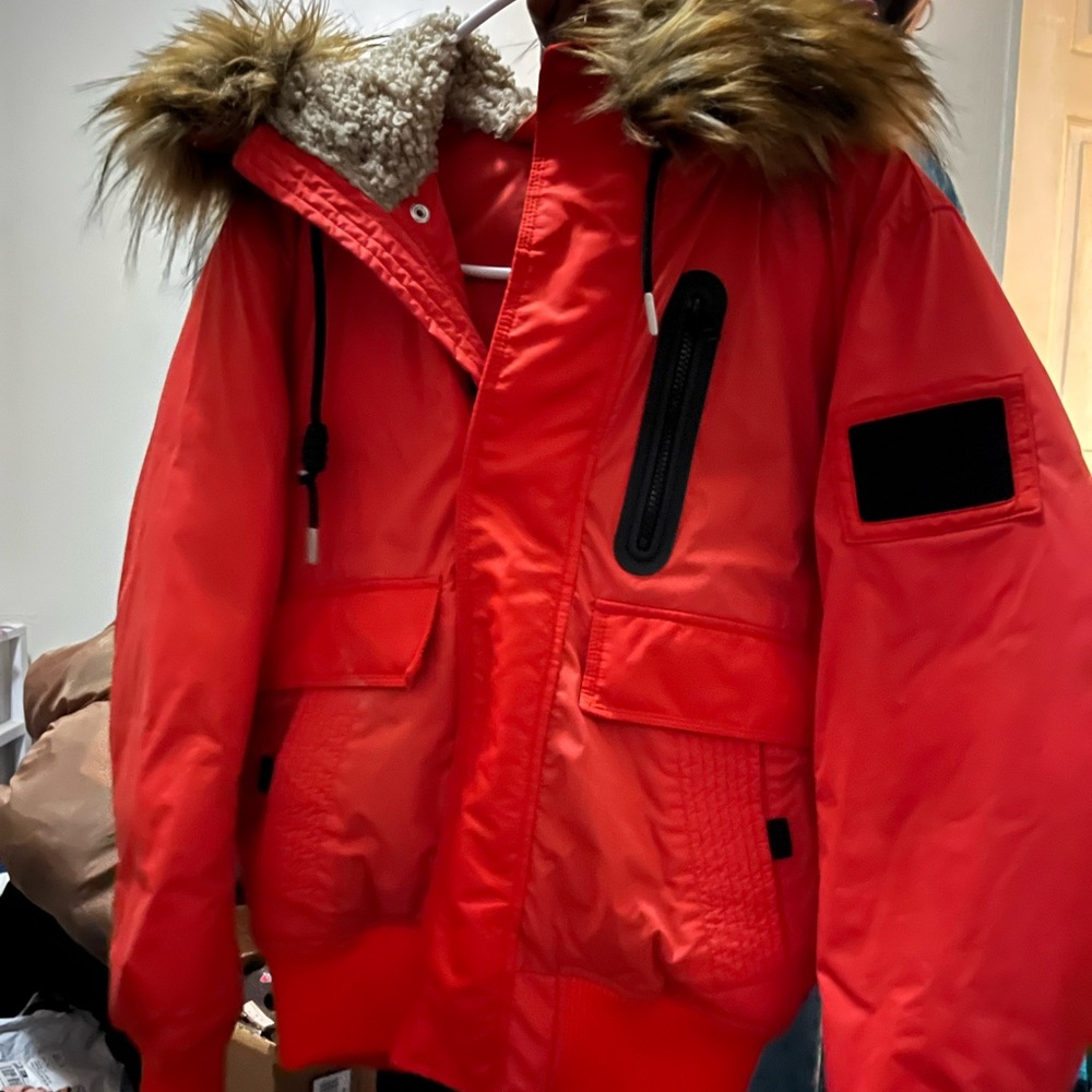 Diesel Red Bomber Jacket with Fur Hood